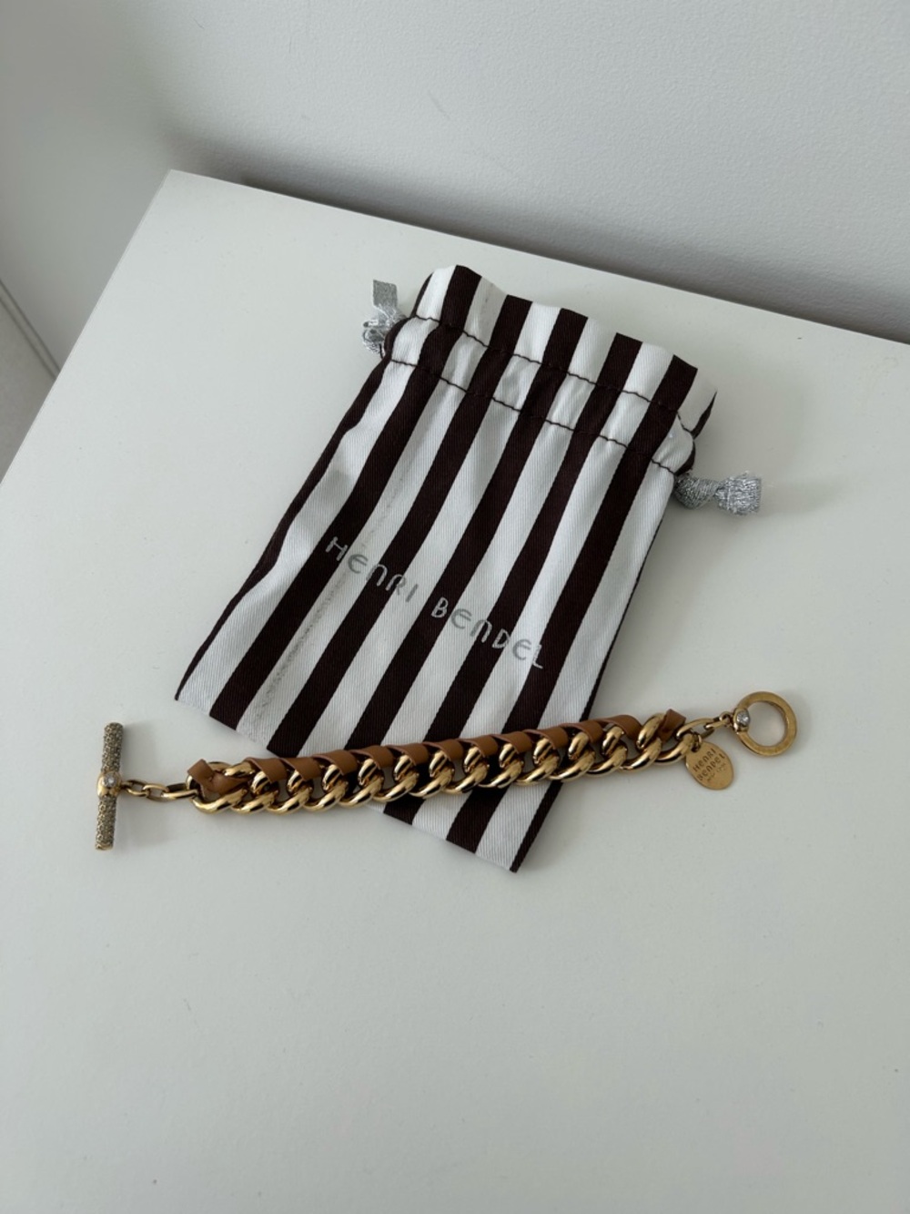 henri bendel Gold Chain Bracelet with Tan Leather Weave